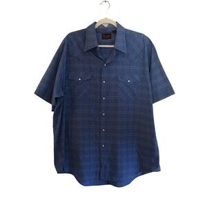 Plains Shirt Men's Size XL Blue Plaid Snap Button Down Short Sleeve